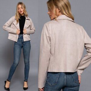 Active USA Taupe LS Notched Collar Pocket Detail Open Front Faux Suede Jacket